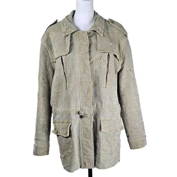 Free People Paint Splatter Military Jacket M Khaki Utility Safari Canvas Grunge - Picture 3 of 14